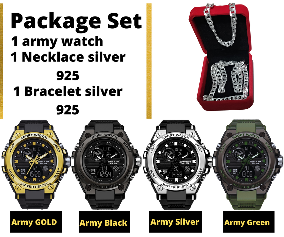 Metal Army Watch with Silver 925 necklace and bracelet