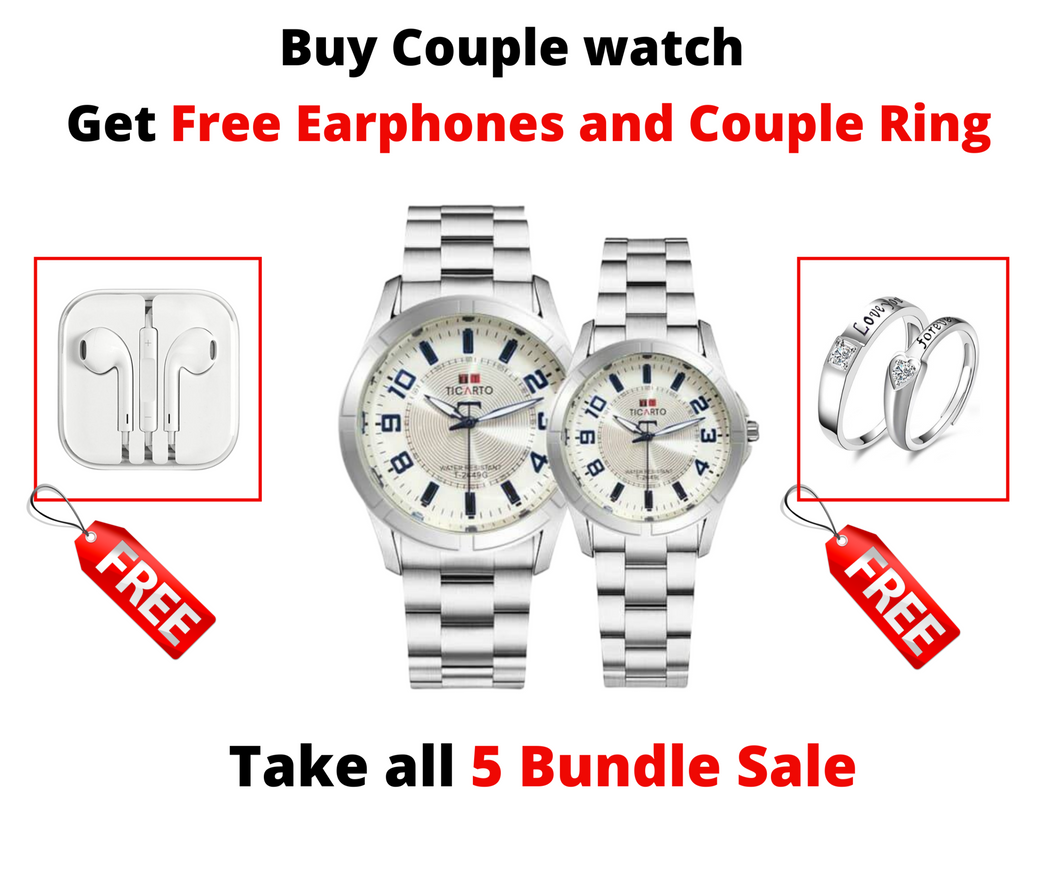 Ticarto T-2649G Stainless Couple Watch Free Earphones and Couple ring