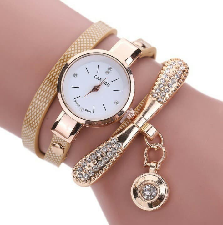 Women Leather Rhinestone Analog Quartz Wrist Watches Beige free shipping