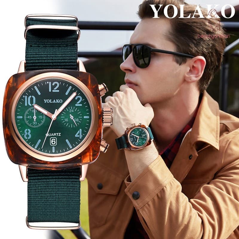 YOLAKO Men Casual Quartz Watch Square Dial Wrist Watches with Nylon Canvas Strap for Business Travel